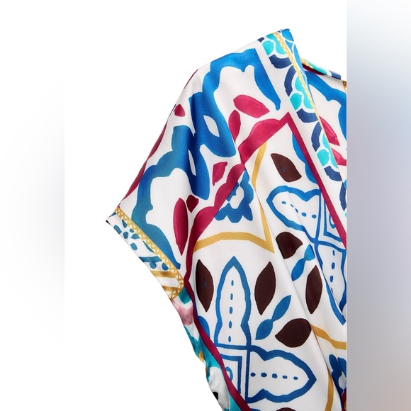 NEW Zara Satin Effect Abstract Print Wide Leg Jumpsuit Blue Yellow Red Small - Picture 3 of 10